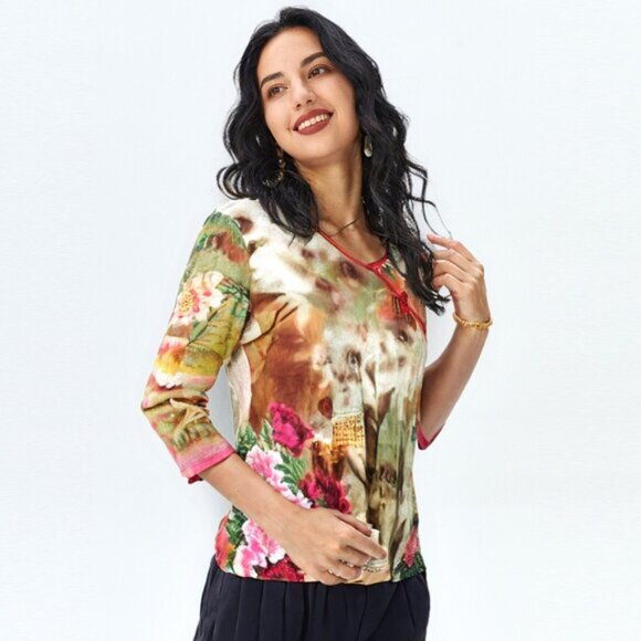 Floral Chinese Tang Style Blouse Y2K Asian Top Frog Button Neckline 34 Sleeves - Picture 8 of 10